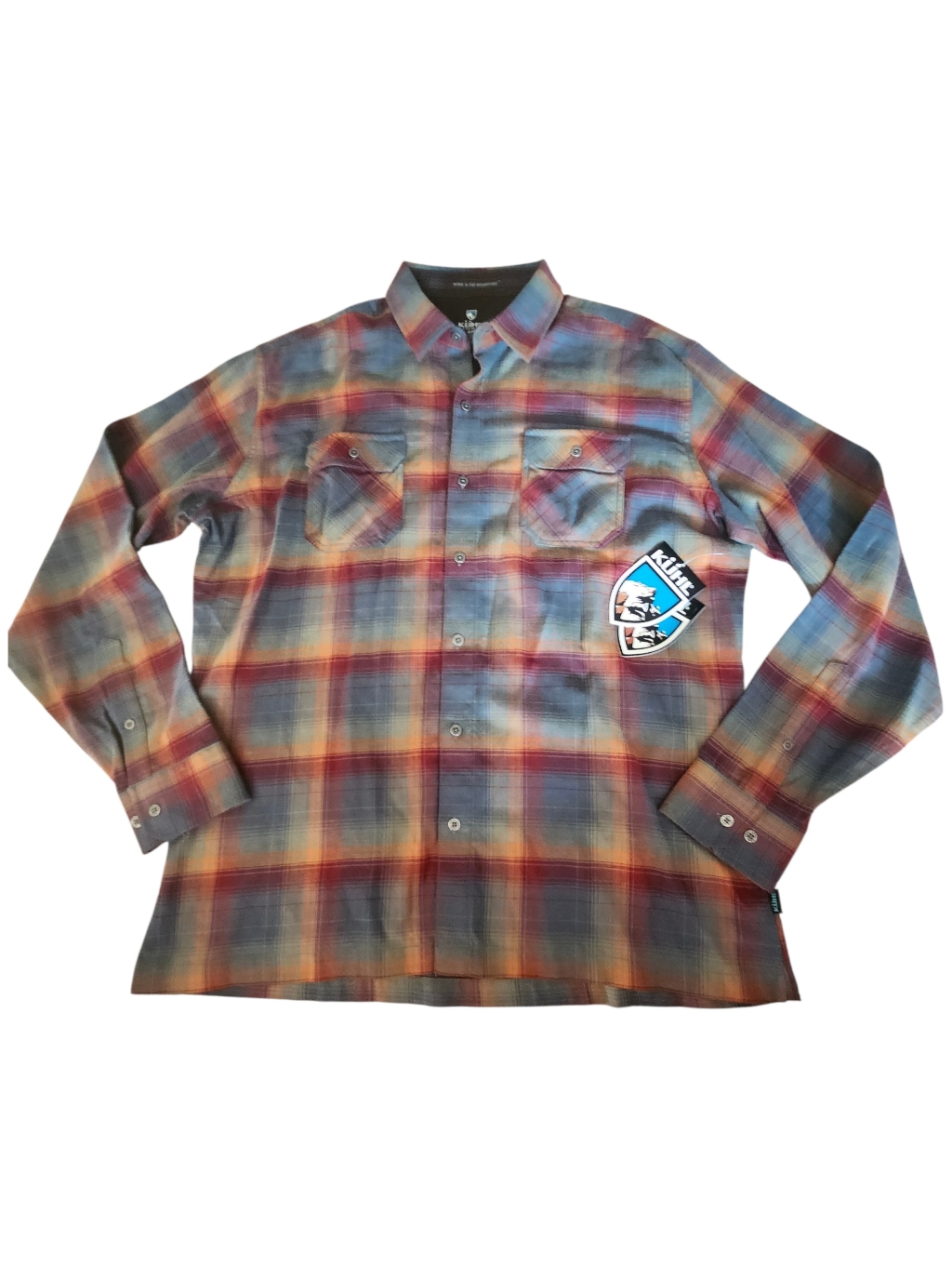 Kuhl Blue, Maroon, Tan Plaid Men's Dillingr Flannel Button Down Shirt. Sz. Xl